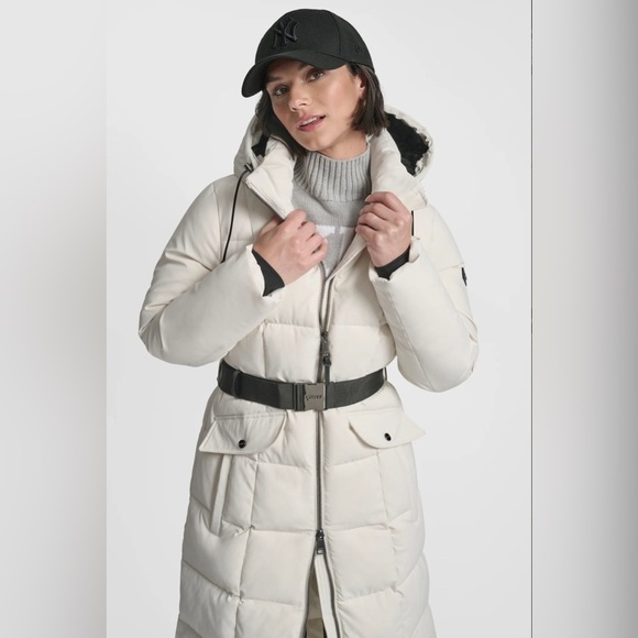 ❄️ NWT DKNY Cream Long Heavyweight Bomber Puffer Parka Down Filled Coat Jacket - Picture 6 of 9